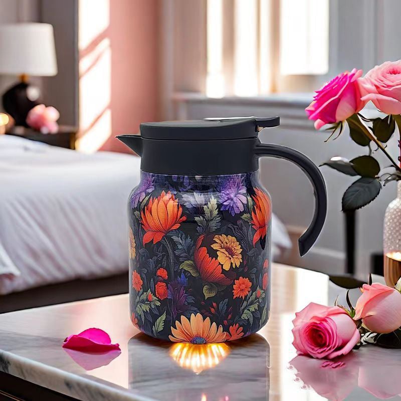 Teethermoskanne mit Vintage-Blumenmuster – mit integriertem Teesieb