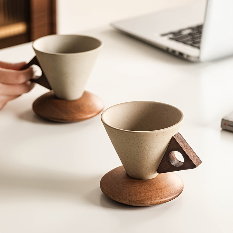 BaristaLuxe Keramische Kaffeetasse 250ml – Handgemacht mit Holzgriff und Untersetzer | Brehn