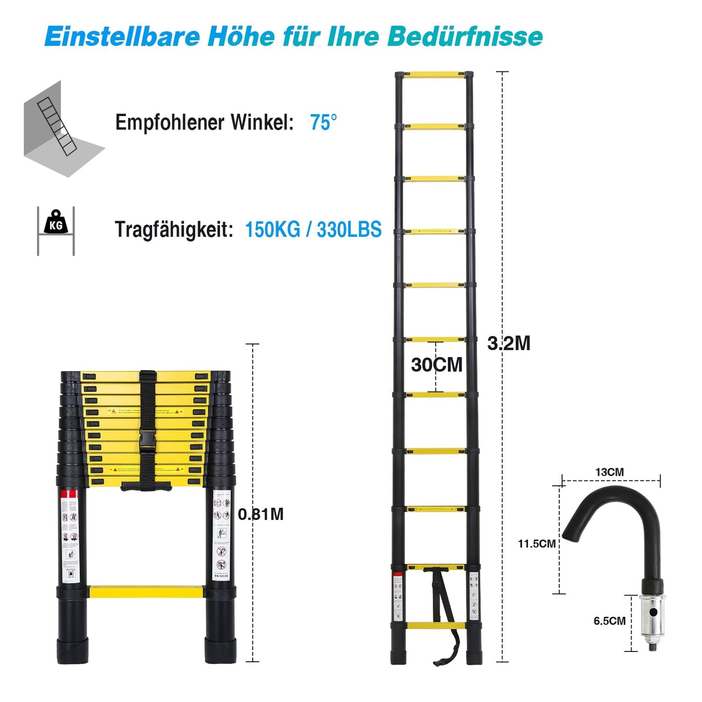 Teleskopleiter Aluminium mit Abnehmbarem Haken | Brehn