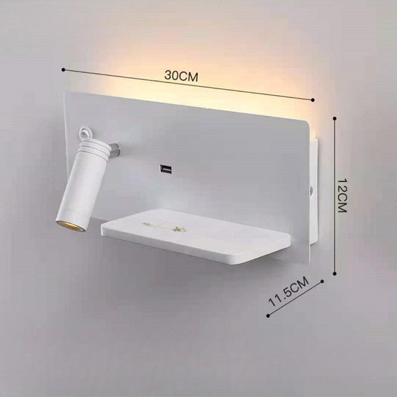 Moderne LED Wandleuchte mit USB-Anschluss, Wandlampe mit Regal für Schlafzimmer & Büro | Brehn