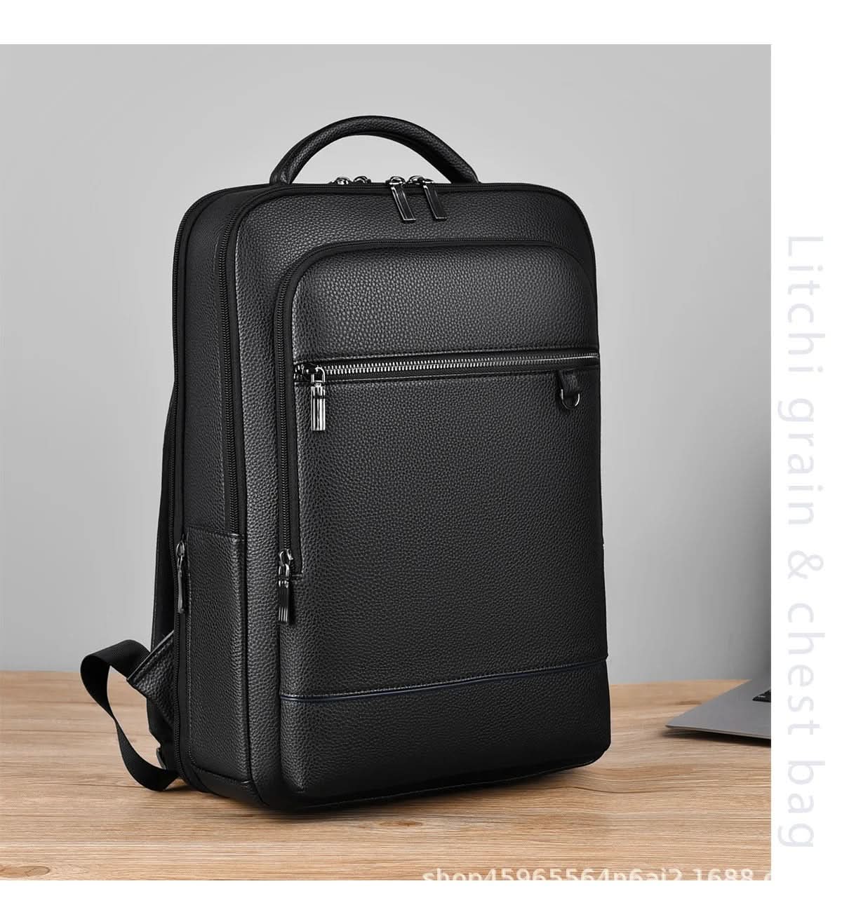 Eleganter Lederrucksack für Damen und Herren mit USB-Anschluss für Laptop und den täglichen Gebrauch, 15,6 Zoll, schwarz