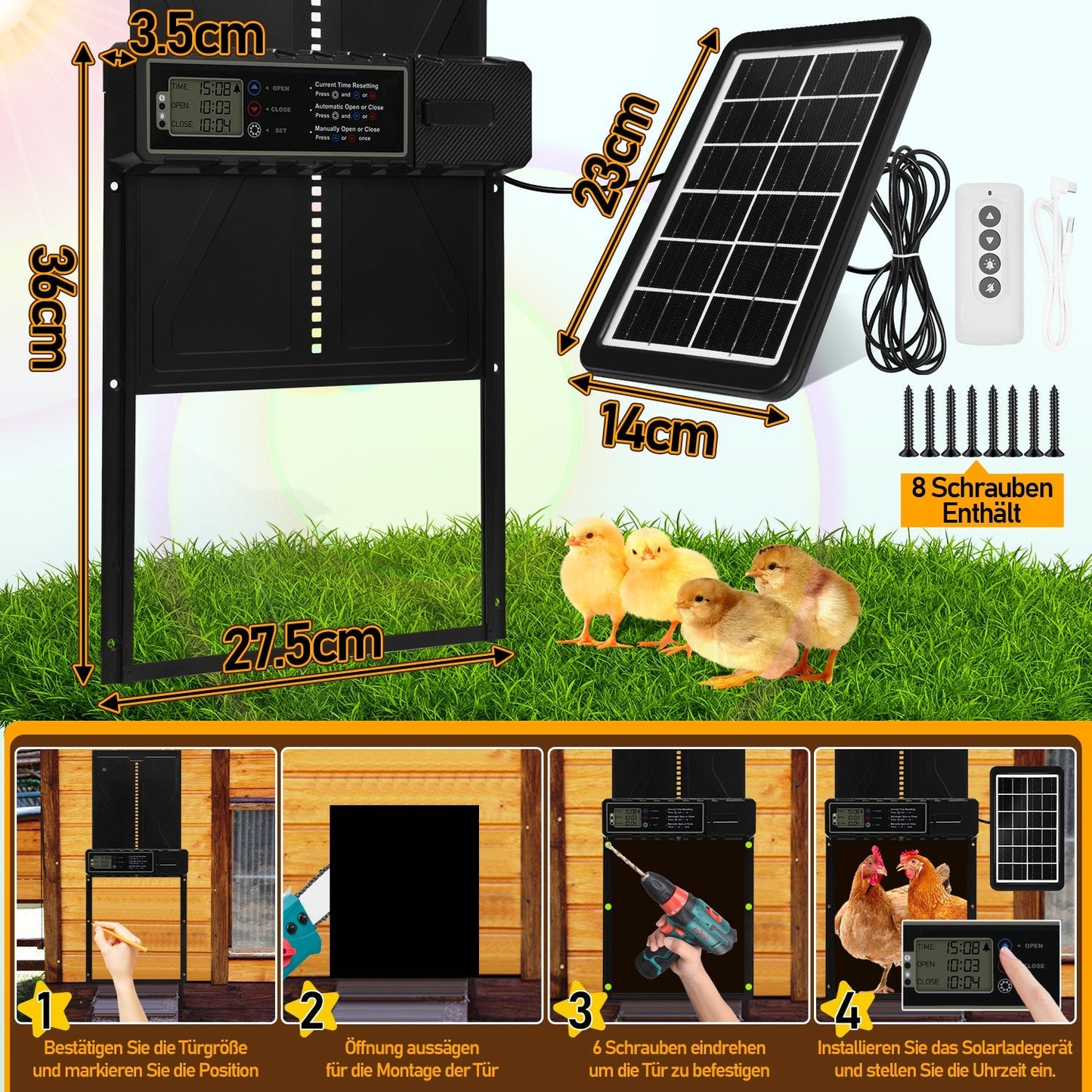 Elektrische Hühnerklappe Solar mit LED Display und Fernbedienung | Brehn