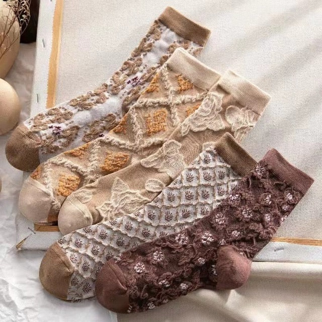5 Paar Socken im Vintage-Stil mit Blumenstickerei