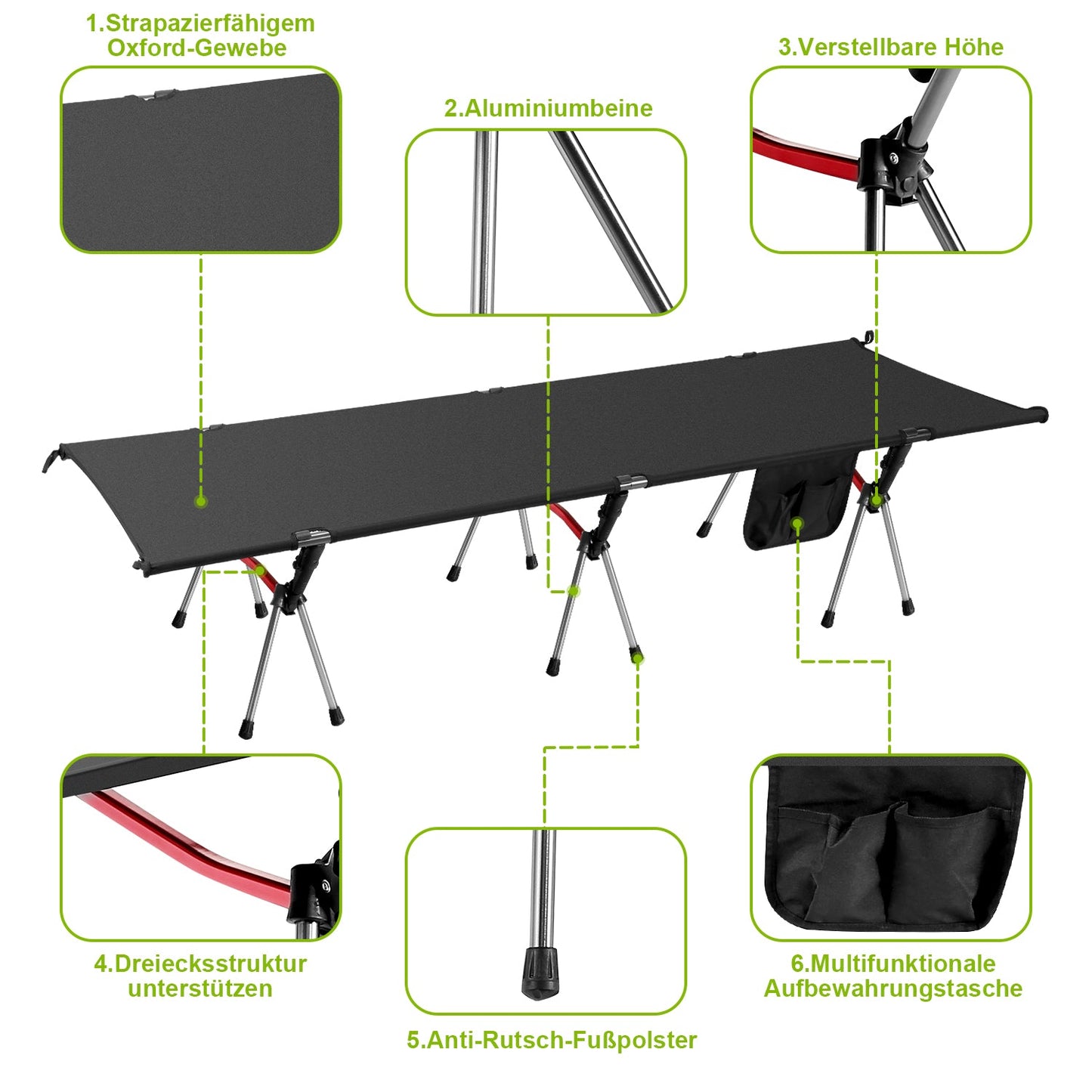 Feldbett Schwarz Klappbett Campingbett Höhenverstellbar | Brehn