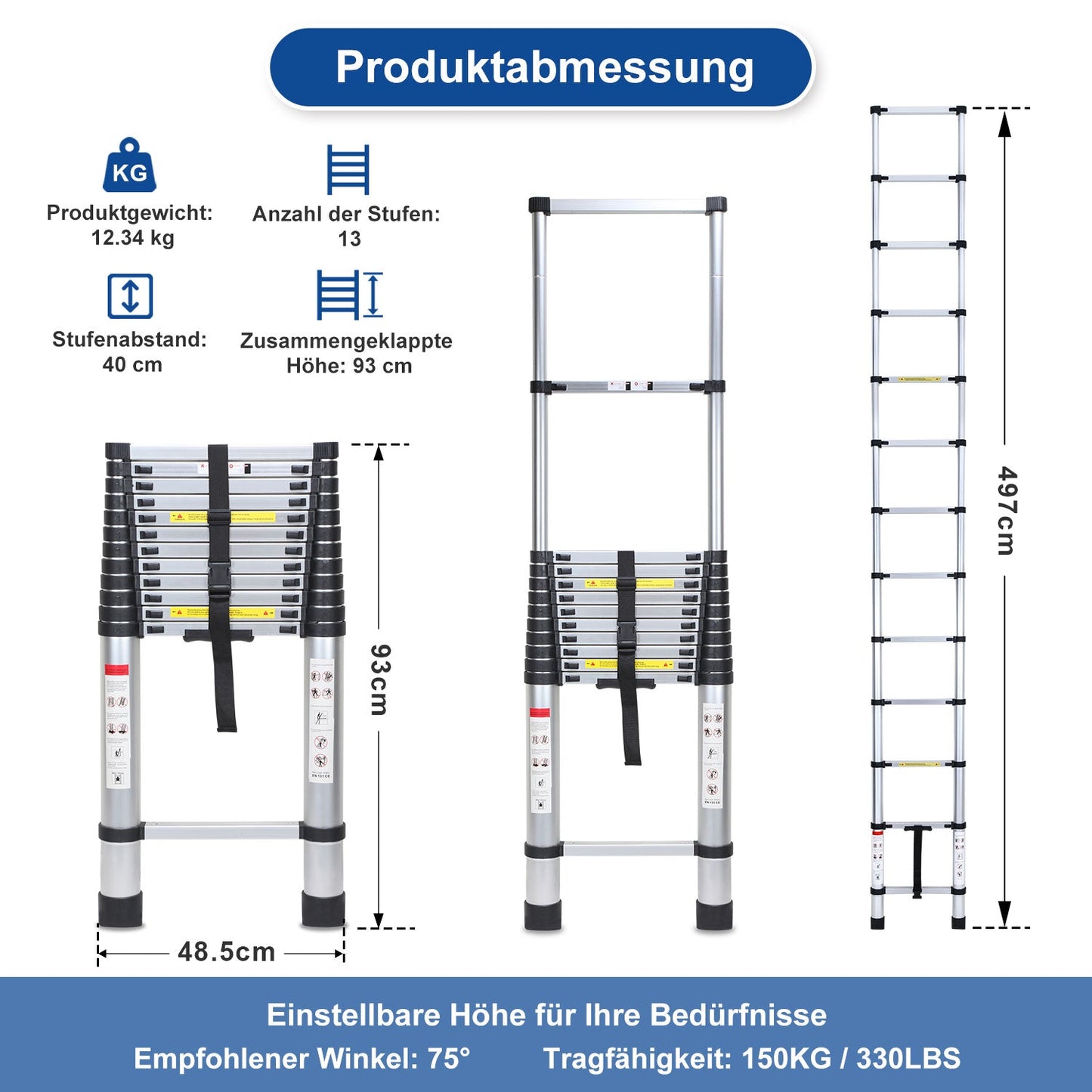 Teleskopleiter Aluminium Belastbarkeit bis zu 150kg 2.6m-5m | Brehn