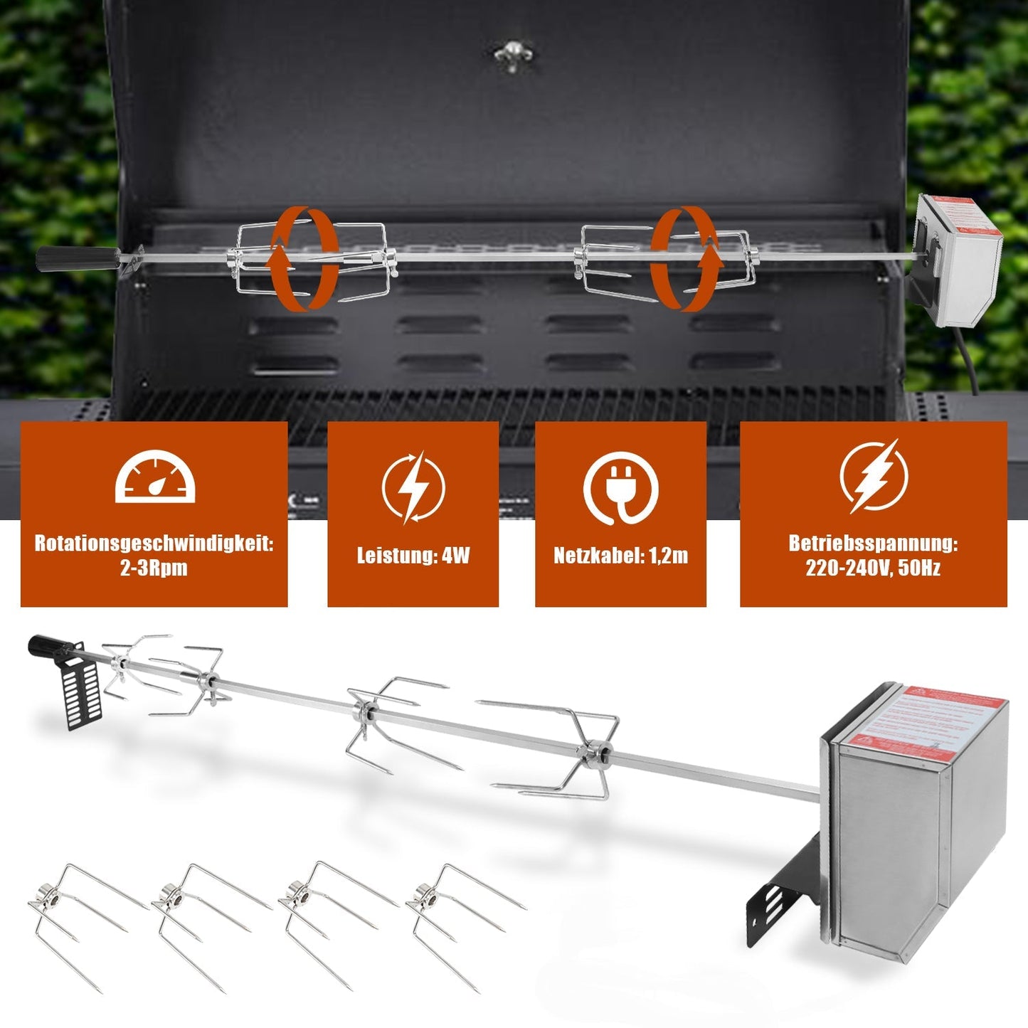 BBQ Grillspieß Edelstahl Motor 4x Fleischnadel | Brehn
