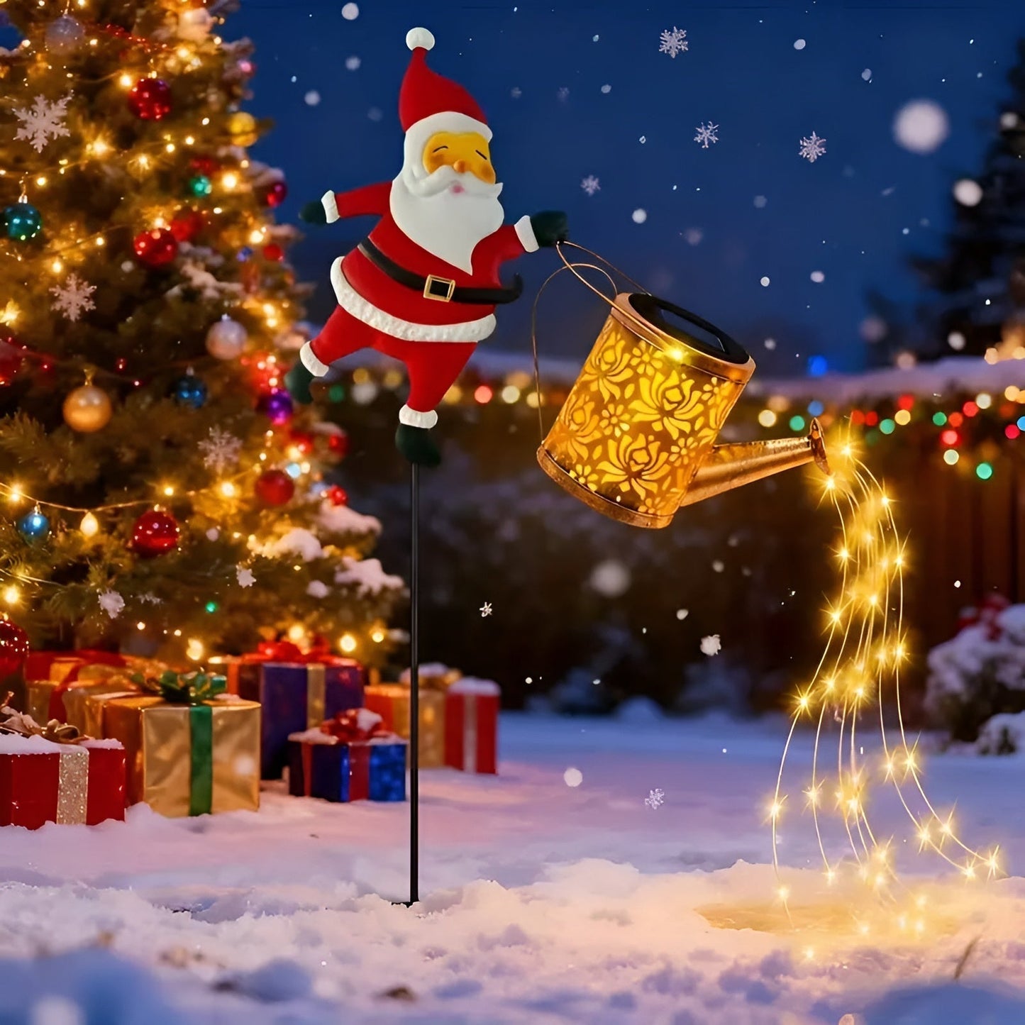 Solarbetriebene Weihnachtsbeleuchtung mit Weihnachtsmann und Laternen – Dekoration für Garten und Terrasse | Warmweiß und farbig, batterielos