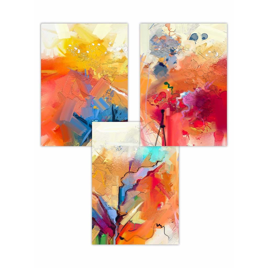 Abstraktes, farbenfrohes Set aus 3 Wandbildern in Orange, Rosa und Rot