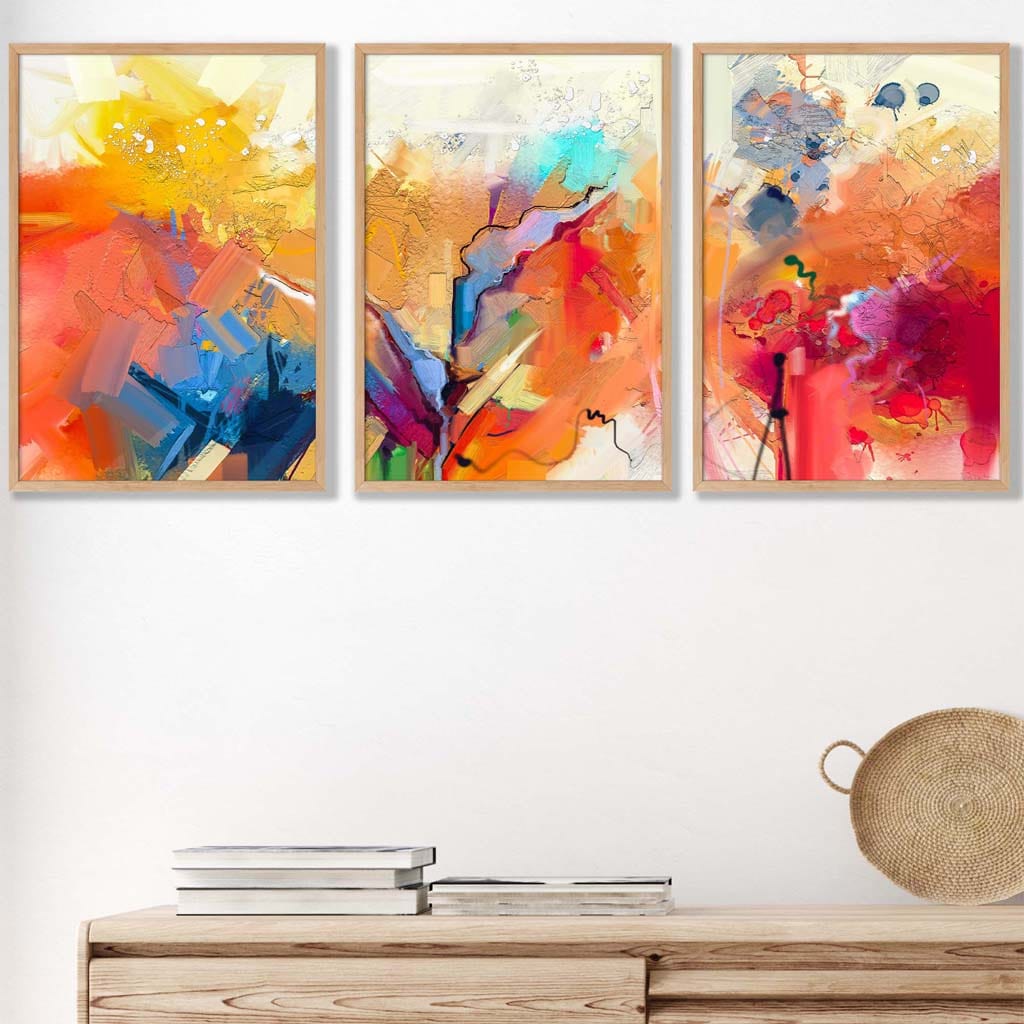 Abstraktes, farbenfrohes Set aus 3 Wandbildern in Orange, Rosa und Rot