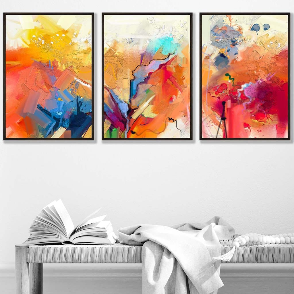 Abstraktes, farbenfrohes Set aus 3 Wandbildern in Orange, Rosa und Rot
