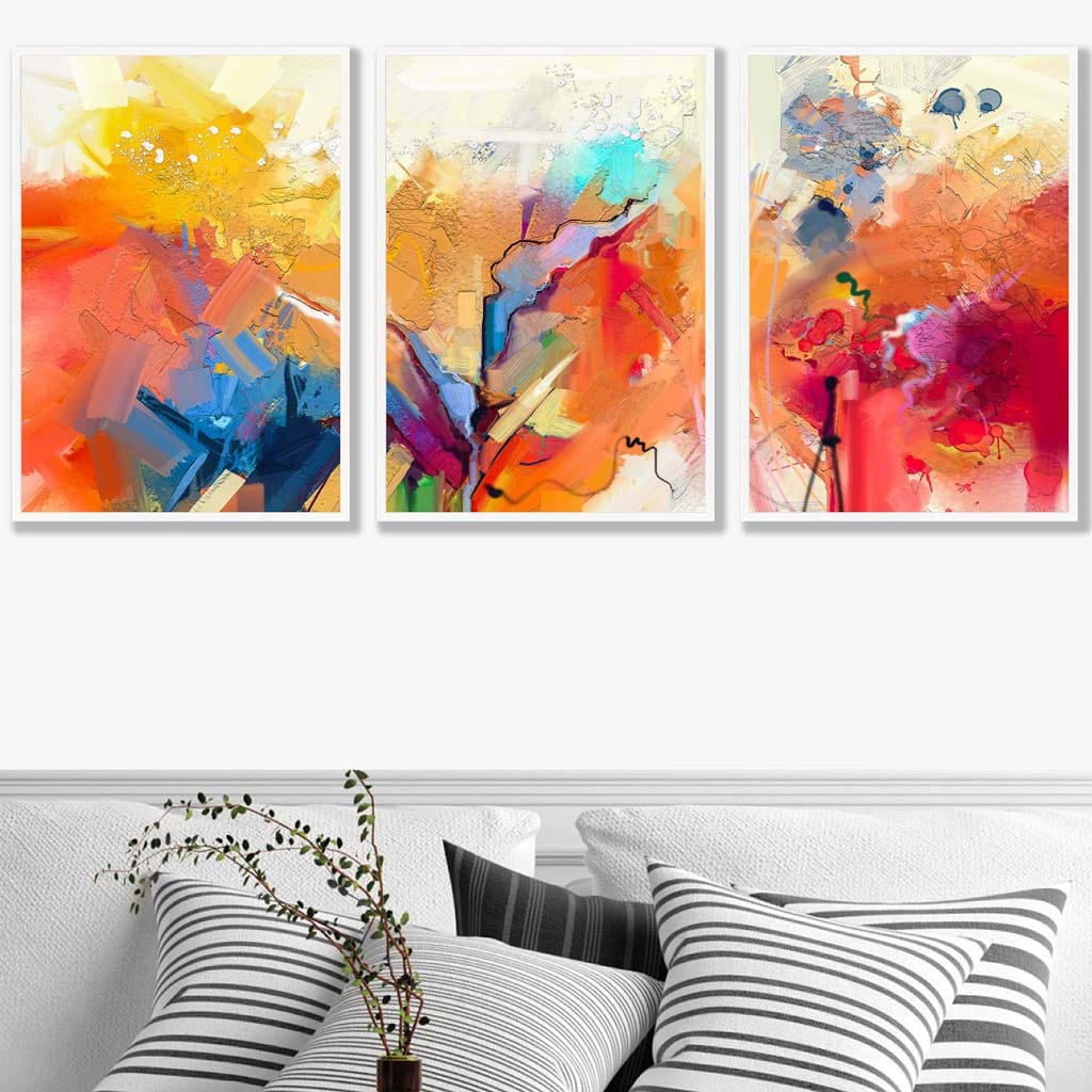 Abstraktes, farbenfrohes Set aus 3 Wandbildern in Orange, Rosa und Rot
