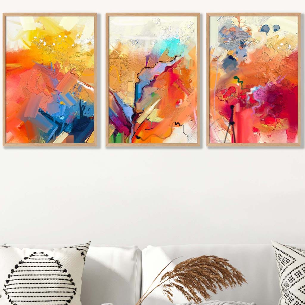 Abstraktes, farbenfrohes Set aus 3 Wandbildern in Orange, Rosa und Rot