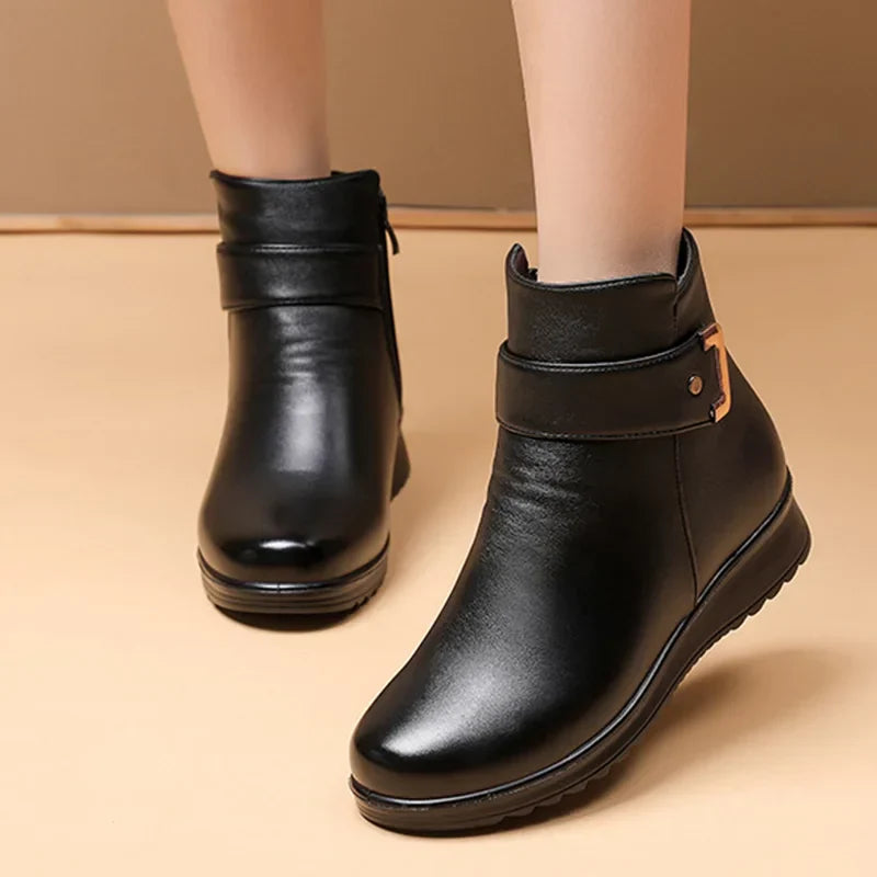 Orthopädische Damenstiefel mit Metallschnalle aus echtem Leder und Wolle