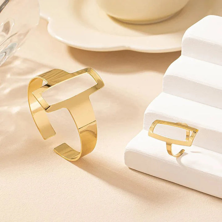 Brehn | Verstellbares geometrisches Rechteck-Armband und Ring-Set