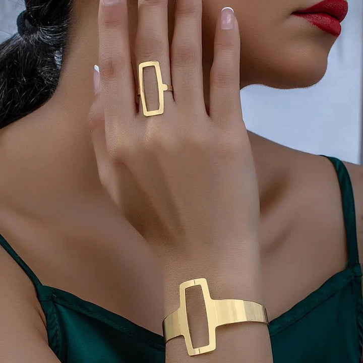 Brehn | Verstellbares geometrisches Rechteck-Armband und Ring-Set