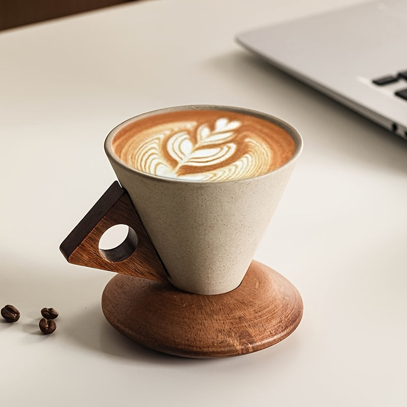 BaristaLuxe Keramische Kaffeetasse 250ml – Handgemacht mit Holzgriff und Untersetzer | Brehn