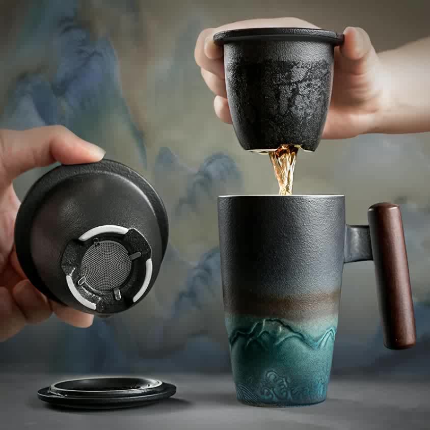 Brehn | TeaCraft Ceramic Mug | Handcrafted | With Tea Filter and Wooden Handle | Retro Design