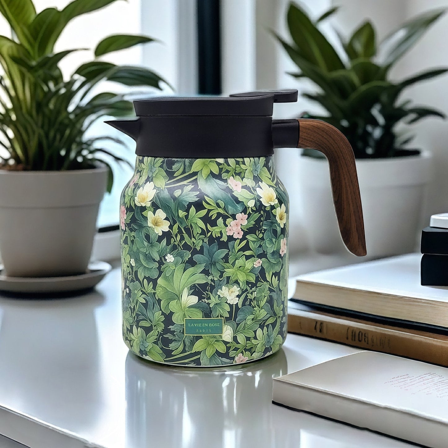 Teethermoskanne mit Vintage-Blumenmuster – mit integriertem Teesieb