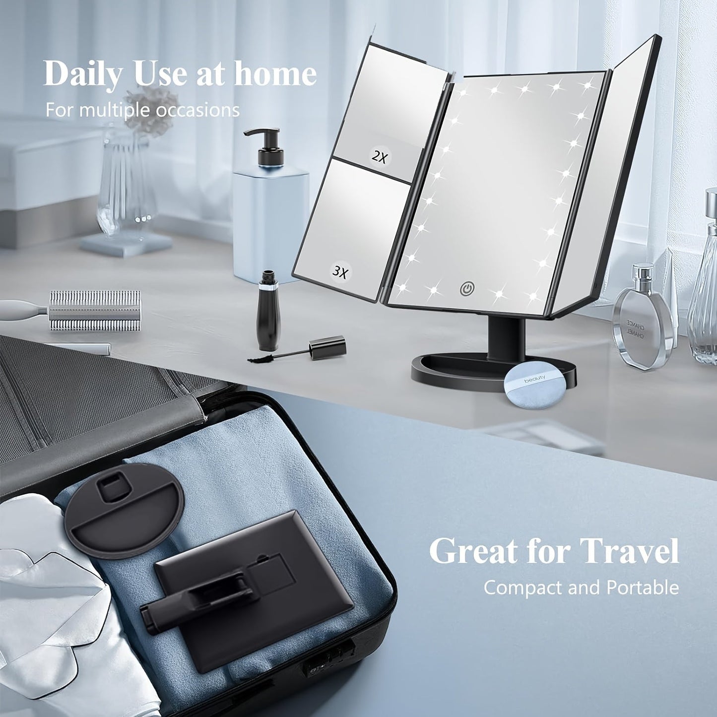 GlowMirror – Zusammenklappbarer LED-Make-up-Spiegel mit 3x/2x Vergrößerung | Brehn