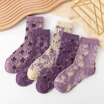 5 Paar Socken im Vintage-Stil mit Blumenstickerei