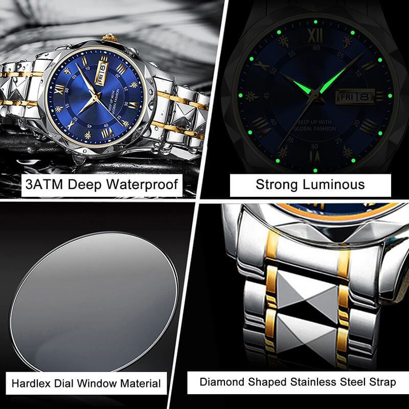 Wasserdichte, leuchtende Herrenuhr aus zweifarbigem Edelstahl mit Quarzwerk