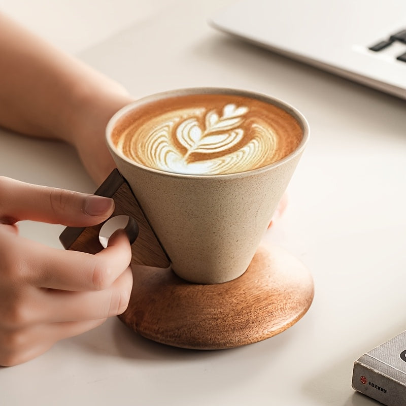 BaristaLuxe Keramische Kaffeetasse 250ml – Handgemacht mit Holzgriff und Untersetzer | Brehn