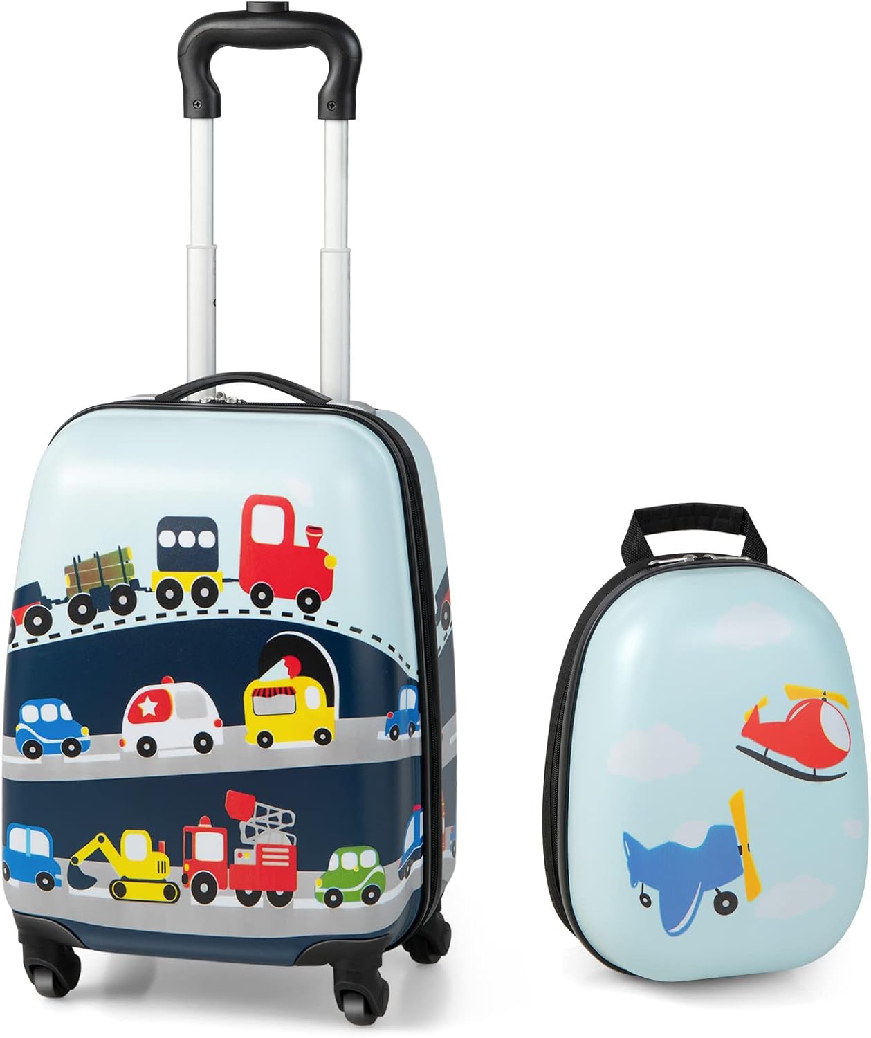 Brehn | Kinder 2-teiliges Hartschalenkoffer- und Rucksack-Set mit 360° Rädern – Hubschrauber
