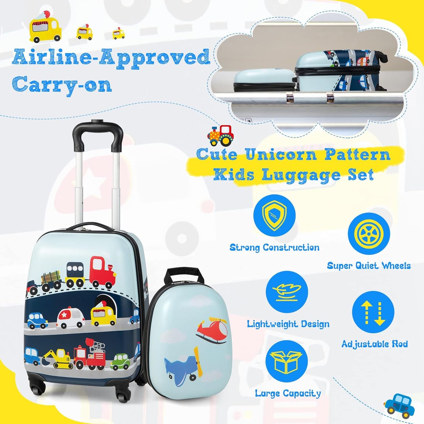 Brehn | Kinder 2-teiliges Hartschalenkoffer- und Rucksack-Set mit 360° Rädern – Hubschrauber
