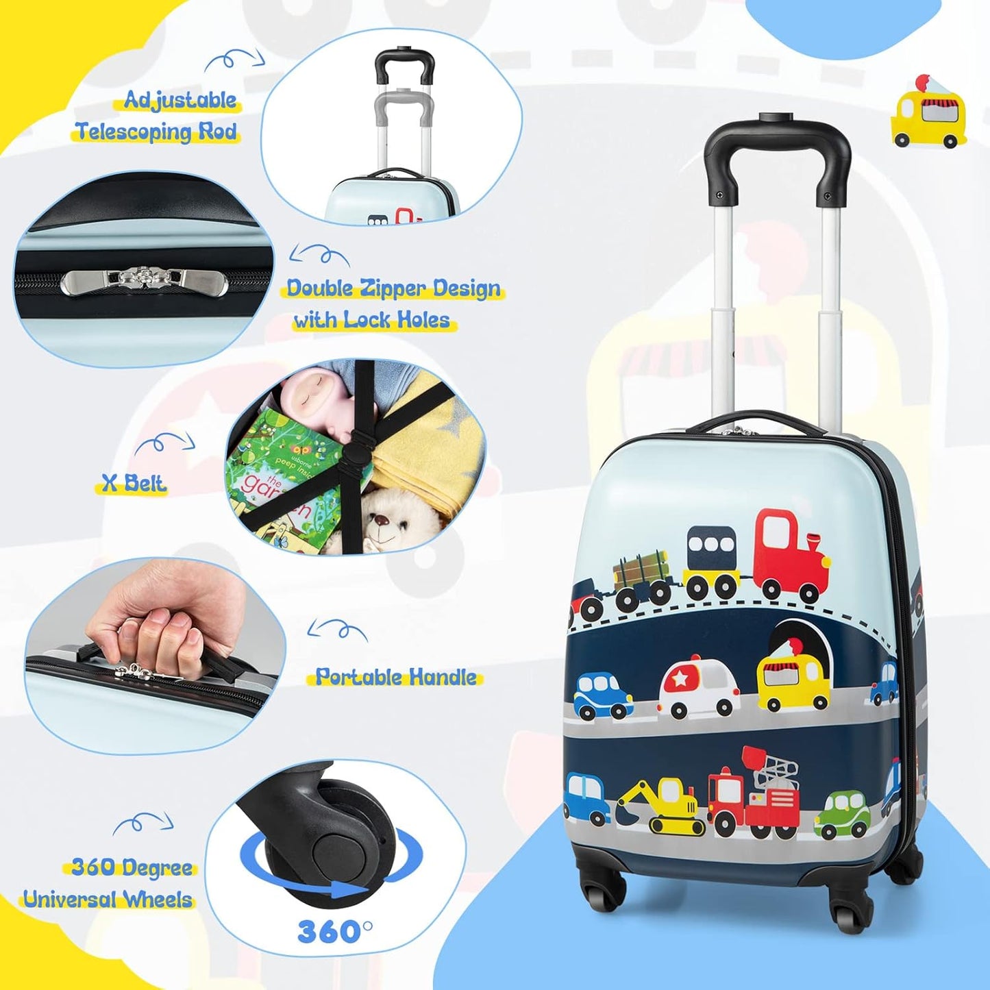 Brehn | Kinder 2-teiliges Hartschalenkoffer- und Rucksack-Set mit 360° Rädern – Hubschrauber