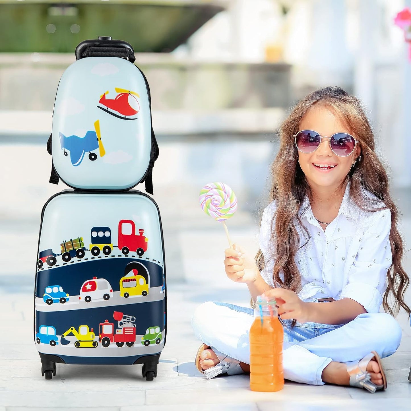 Brehn | Kinder 2-teiliges Hartschalenkoffer- und Rucksack-Set mit 360° Rädern – Hubschrauber
