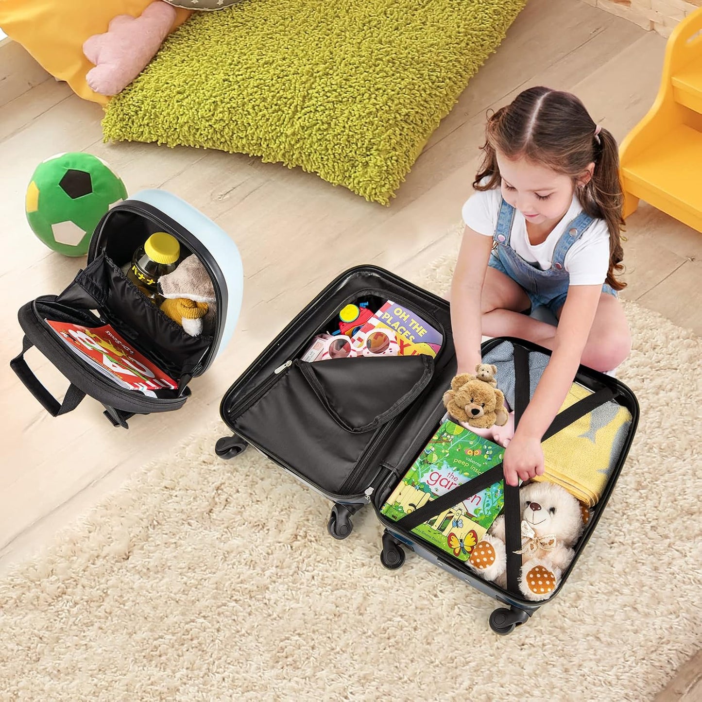 Brehn | Kinder 2-teiliges Hartschalenkoffer- und Rucksack-Set mit 360° Rädern – Hubschrauber