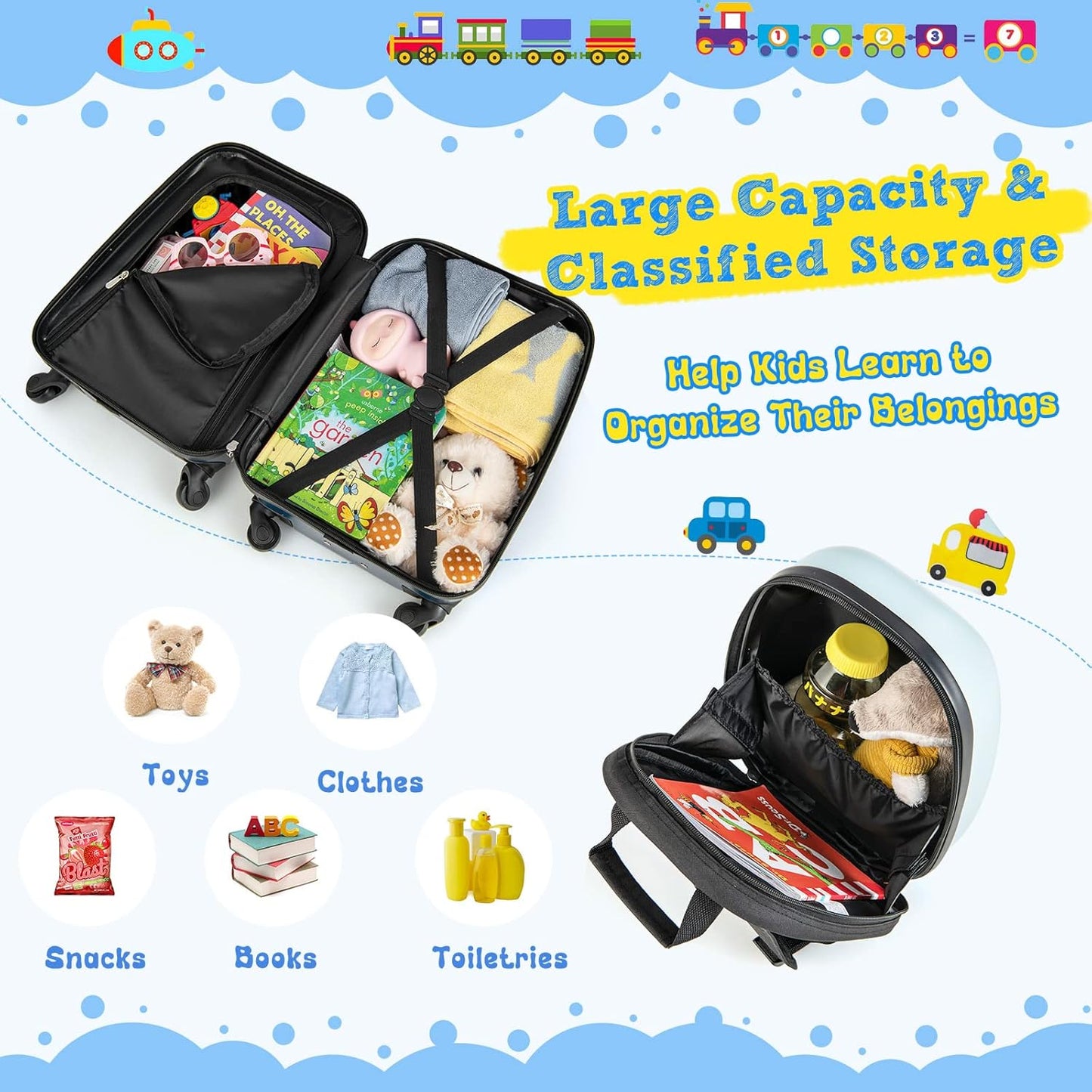 Brehn | Kinder 2-teiliges Hartschalenkoffer- und Rucksack-Set mit 360° Rädern – Hubschrauber