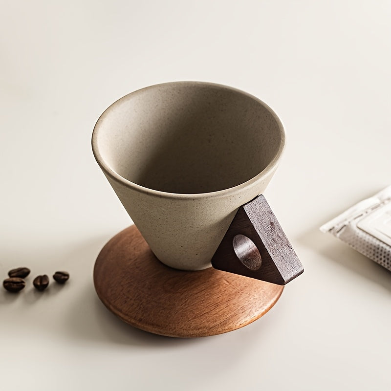BaristaLuxe Keramische Kaffeetasse 250ml – Handgemacht mit Holzgriff und Untersetzer | Brehn