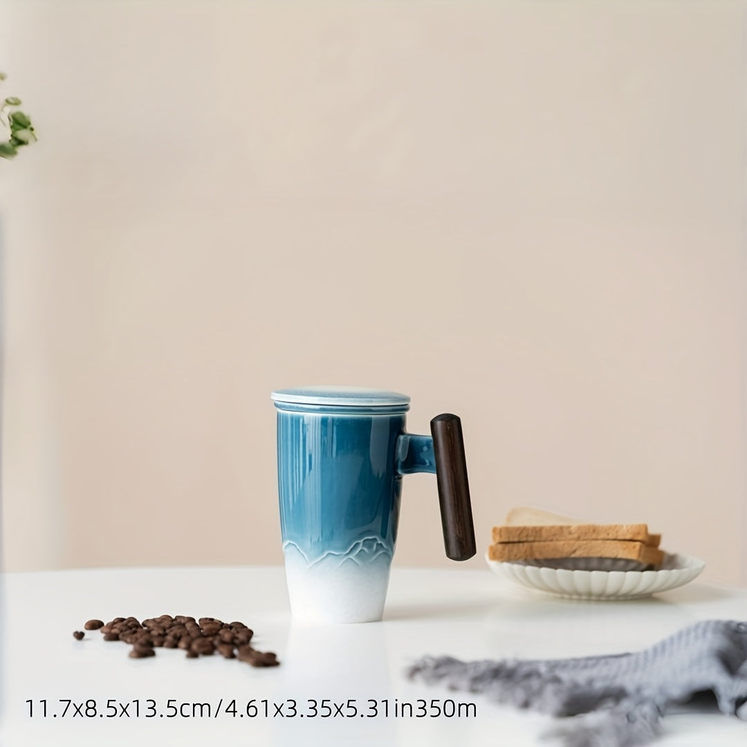 Brehn | TeaCraft Ceramic Mug | Handcrafted | With Tea Filter and Wooden Handle | Retro Design