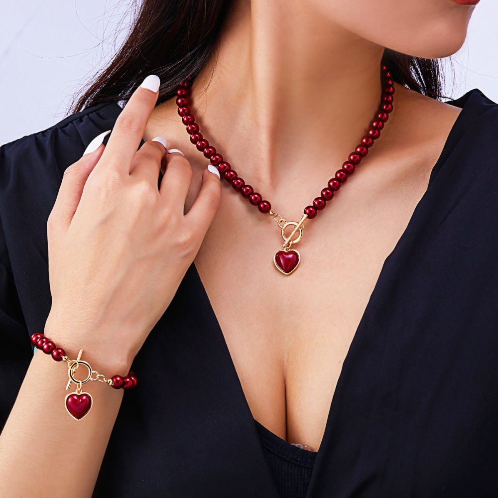 Brehn | 2er Set Perlen-Herz-Anhänger-Armband und Halskette