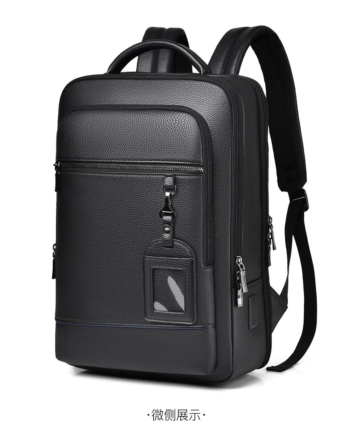 Eleganter Lederrucksack für Damen und Herren mit USB-Anschluss für Laptop und den täglichen Gebrauch, 15,6 Zoll, schwarz