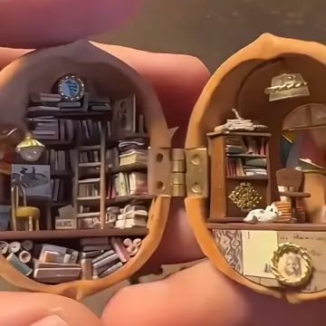 Miniatur-Walnusshaus-Ornament | Handgefertigtes Geschenk | Details aus Ton und Holz mit Beleuchtung