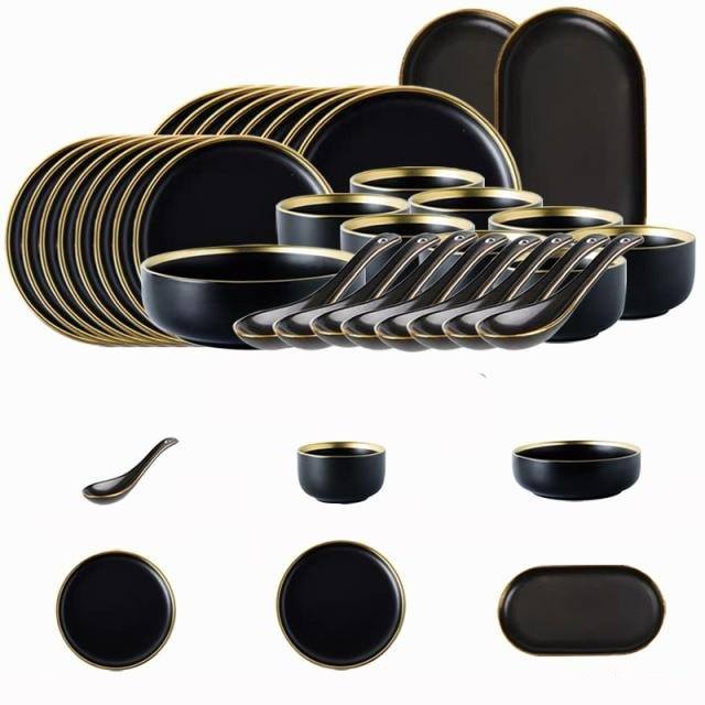 Schwarze Porzellan-Dinner-Teller Geschirr Teller und Schalen Set Geschirr Set | Brehn
