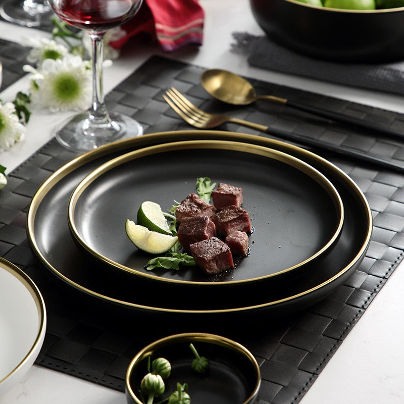 Schwarze Porzellan-Dinner-Teller Geschirr Teller und Schalen Set Geschirr Set | Brehn