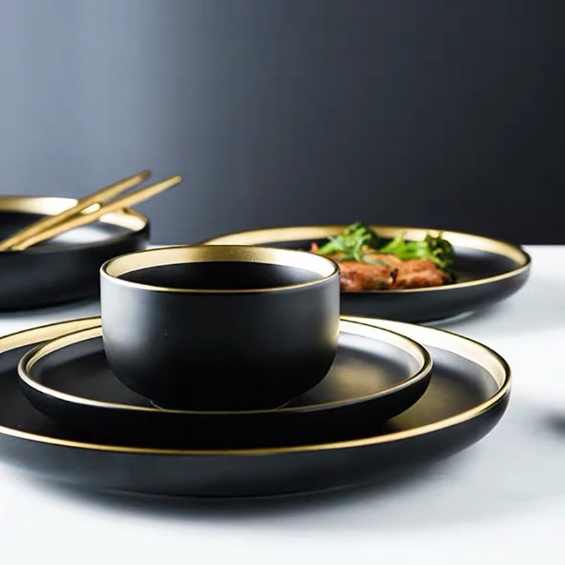 Schwarze Porzellan-Dinner-Teller Geschirr Teller und Schalen Set Geschirr Set | Brehn