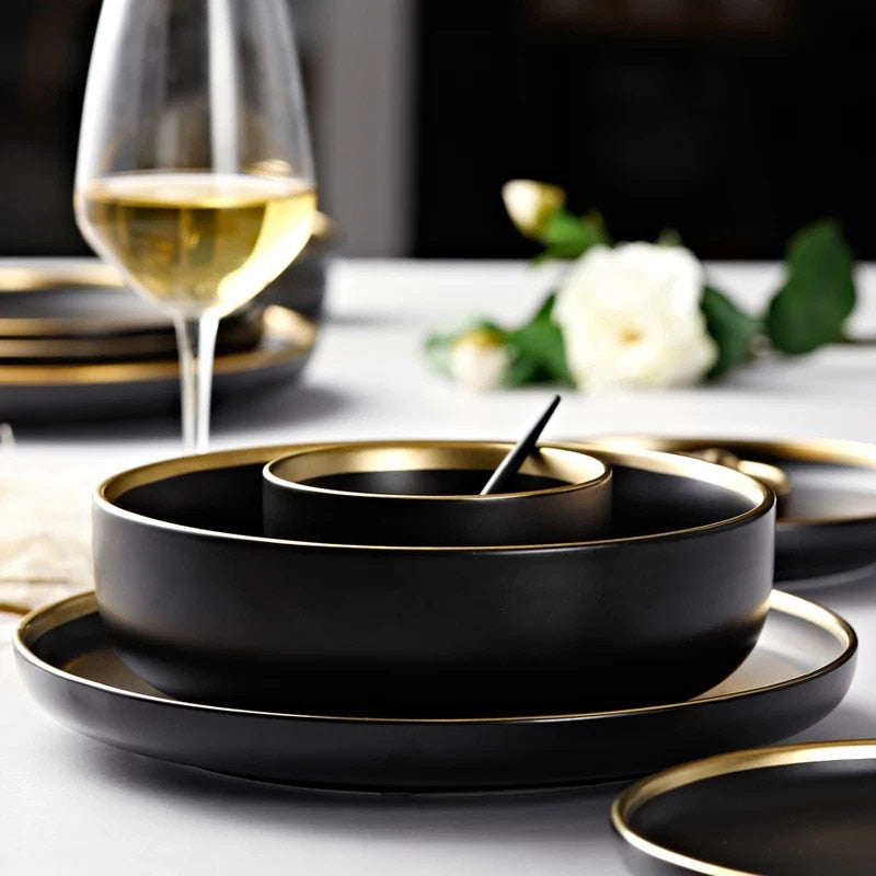 Schwarze Porzellan-Dinner-Teller Geschirr Teller und Schalen Set Geschirr Set | Brehn