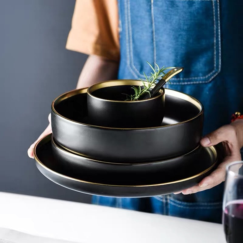 Schwarze Porzellan-Dinner-Teller Geschirr Teller und Schalen Set Geschirr Set | Brehn