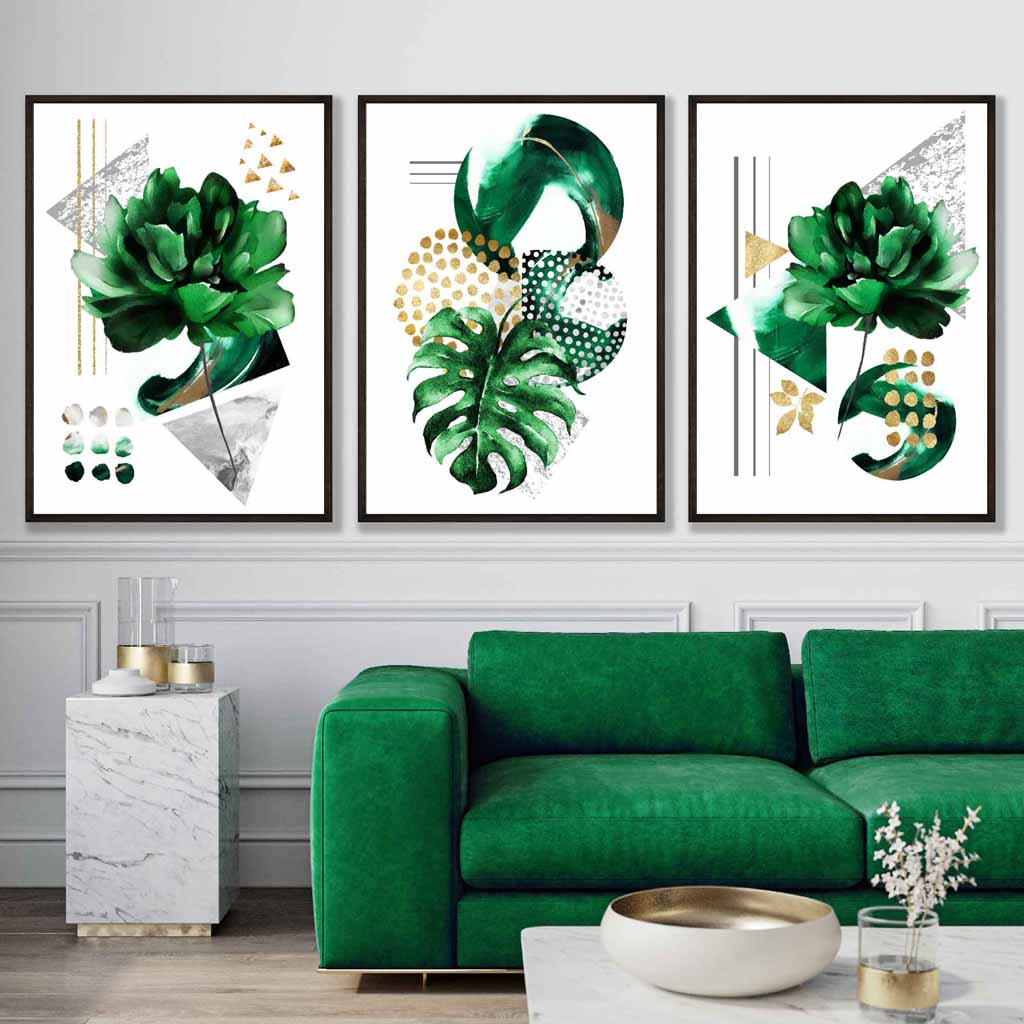 Abstraktes grün-goldenes Blumen-Set aus 3 Kunstdrucken