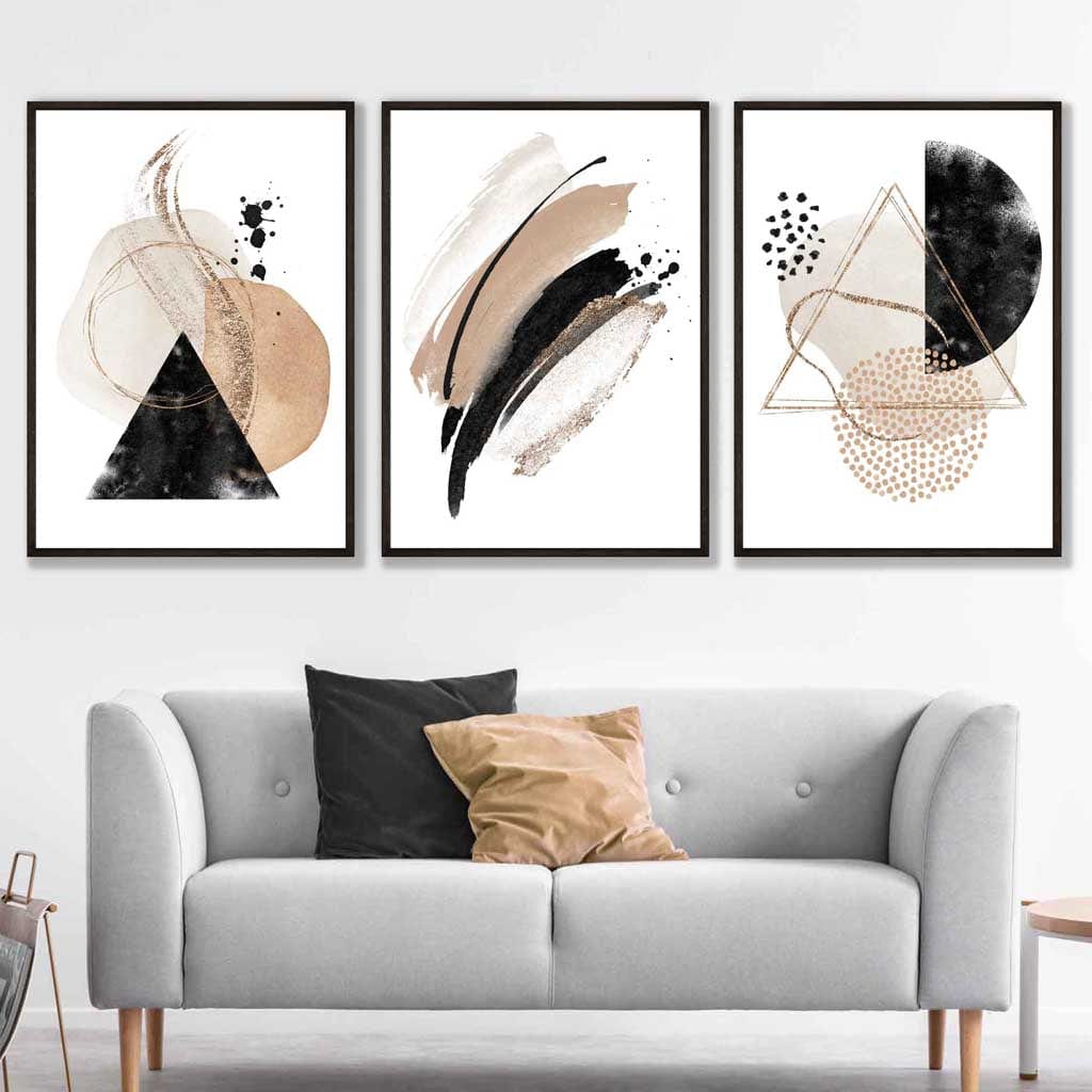 Abstraktes Set aus 3 Aquarell-Kunstdrucken in Schwarz und Beige