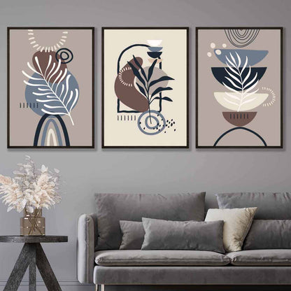 Boho-Botanisches Set aus 3 Wandbildern in Schwarz, Beige, Blau und Braun