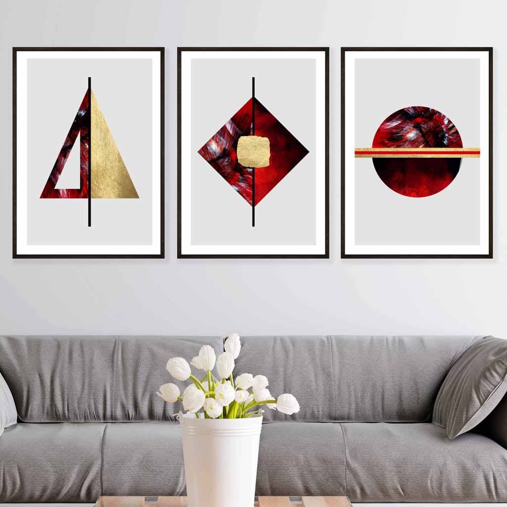 Art-Deco-Set aus 3 Wandbildern in Rot, Schwarz und Gold