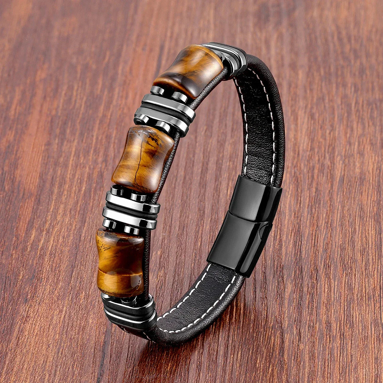 Armband aus Leder und Gold | Herrenschmuck mit Tigeraugenperlen