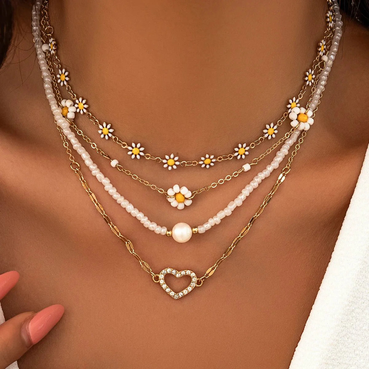 Brehn | Boho Frühlings Gänseblümchen Halskette Stapel