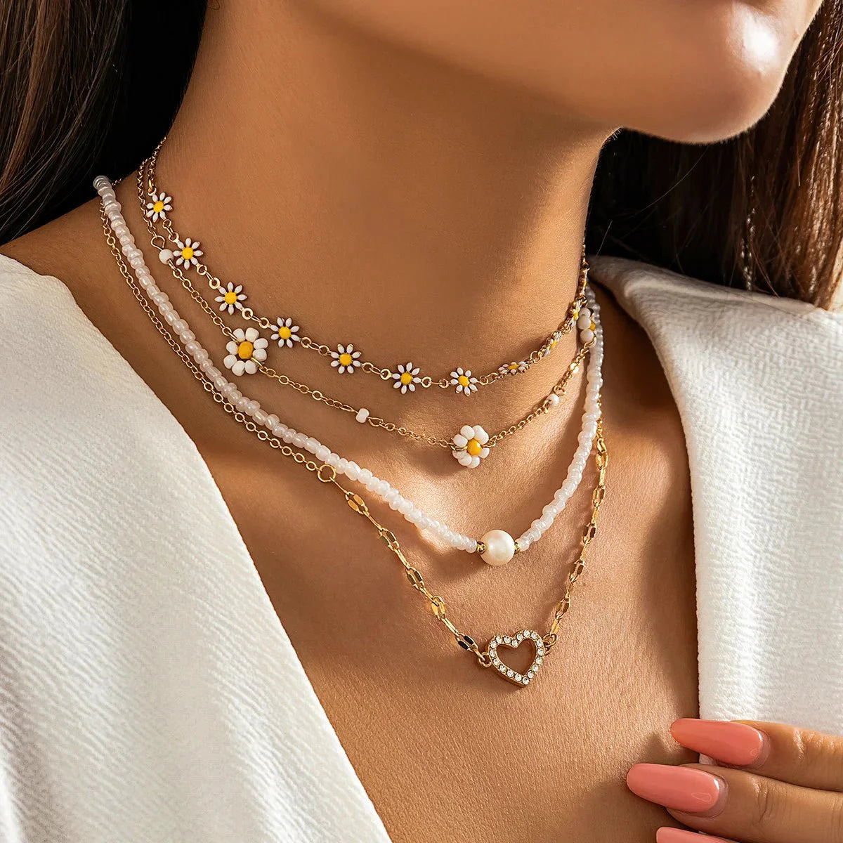 Brehn | Boho Frühlings Gänseblümchen Halskette Stapel