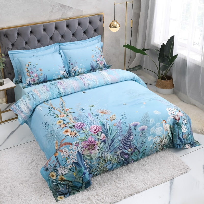 Azure Bloom Bettbezug-Set (Ägyptische Baumwolle, 500 TC) | Brehn